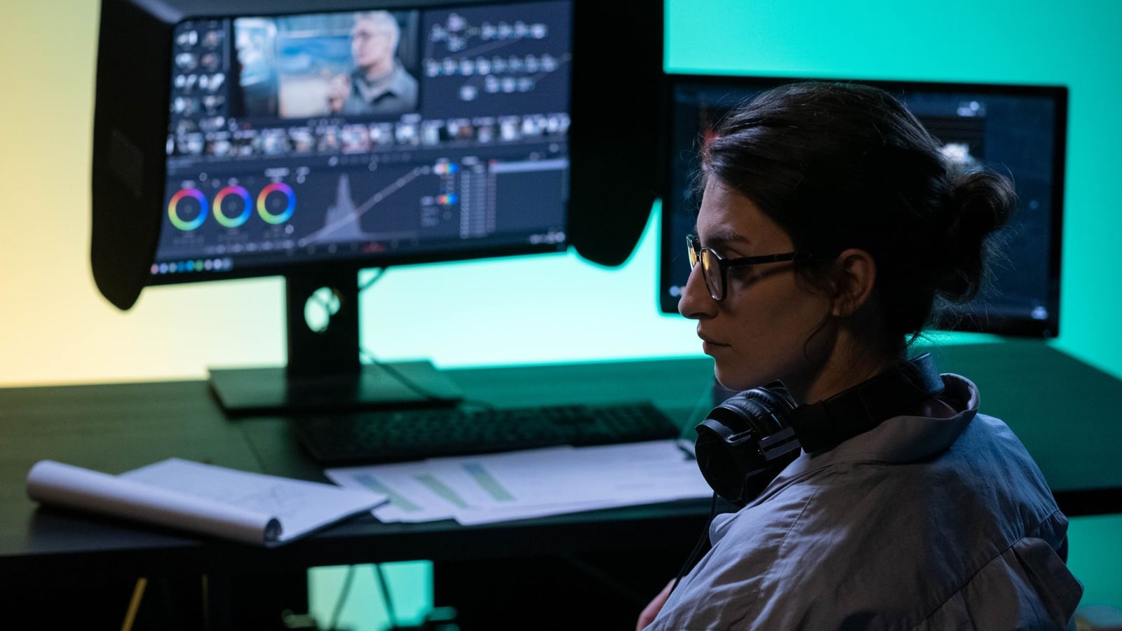A professional video editing and colour grading workstation with high-end monitoring.